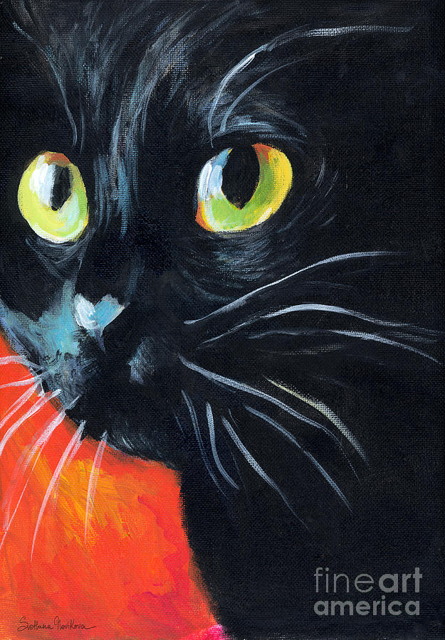 Black cat painting portrait Painting by Svetlana Novikova