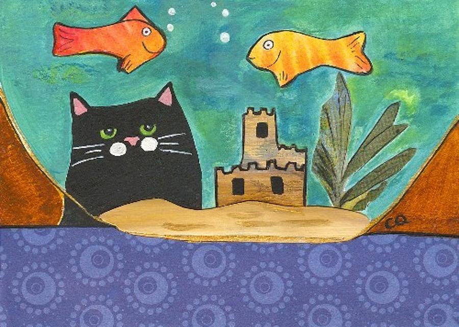 Cat Painting - Black Cat Spying the Goldfish by Christine Quimby
