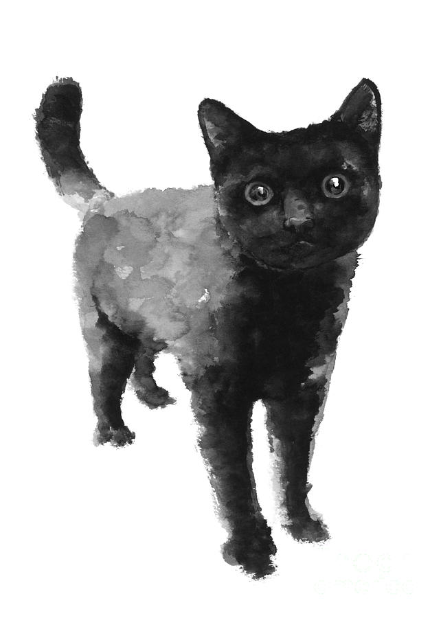 Cat Painting - Black cat watercolor painting  by Joanna Szmerdt