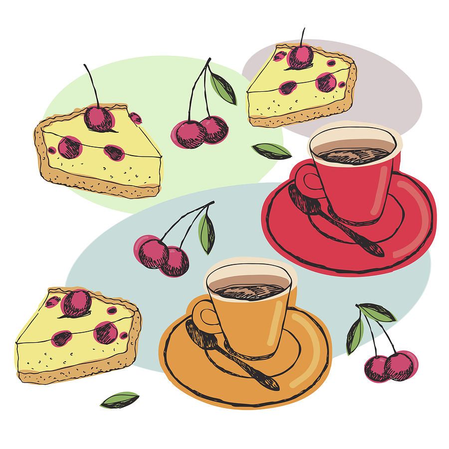 Coffee Painting - Black Cherry Pie And A Steaming Hot Cup Of Coffee by Little Bunny Sunshine