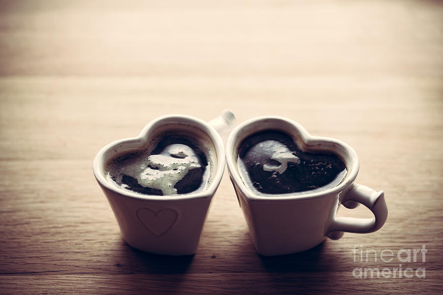 Black coffee, espresso in two heart shaped cups.. Love, Valentines Day, vintage Photograph by Michal Bednarek