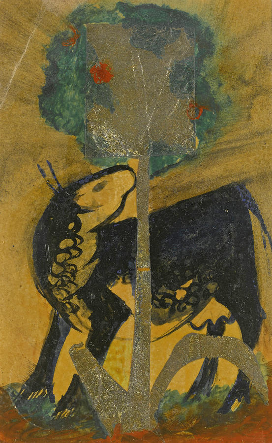 Black Cow behind Tree Drawing by Franz Marc