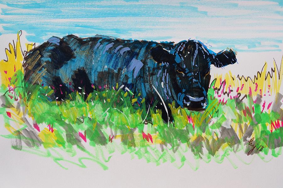 Black cow lying down painting Painting by Mike Jory