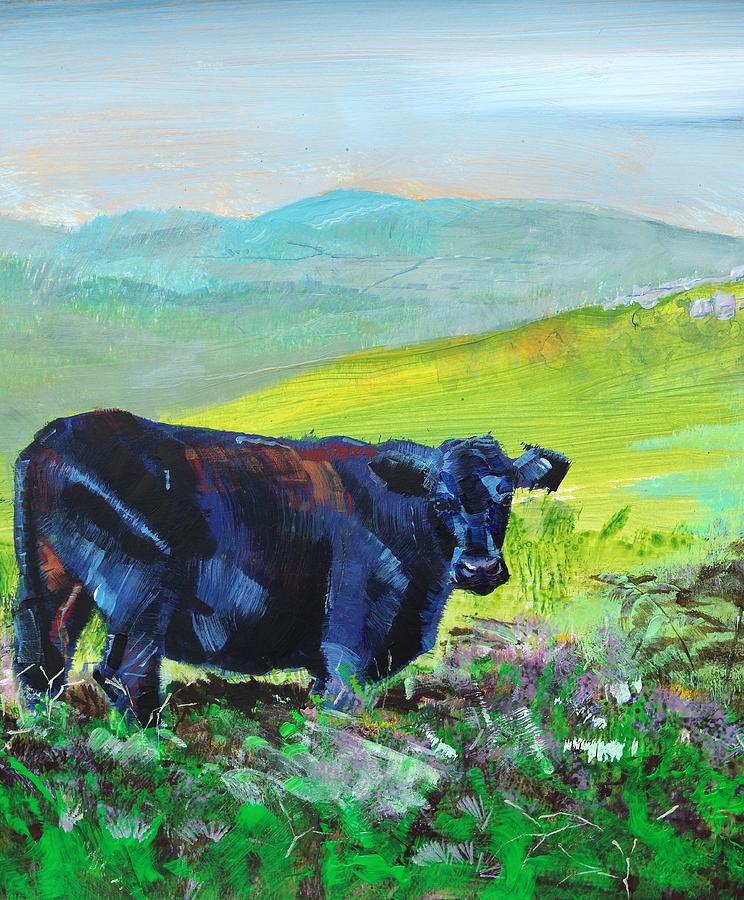 Black cow with distant hills painting Painting by Mike Jory