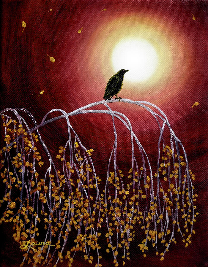 Black Crow on White Birch Branches Painting by Laura Iverson