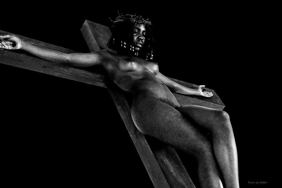 Inspirational Photograph - Black crucified woman in dark I by Ramon Martinez