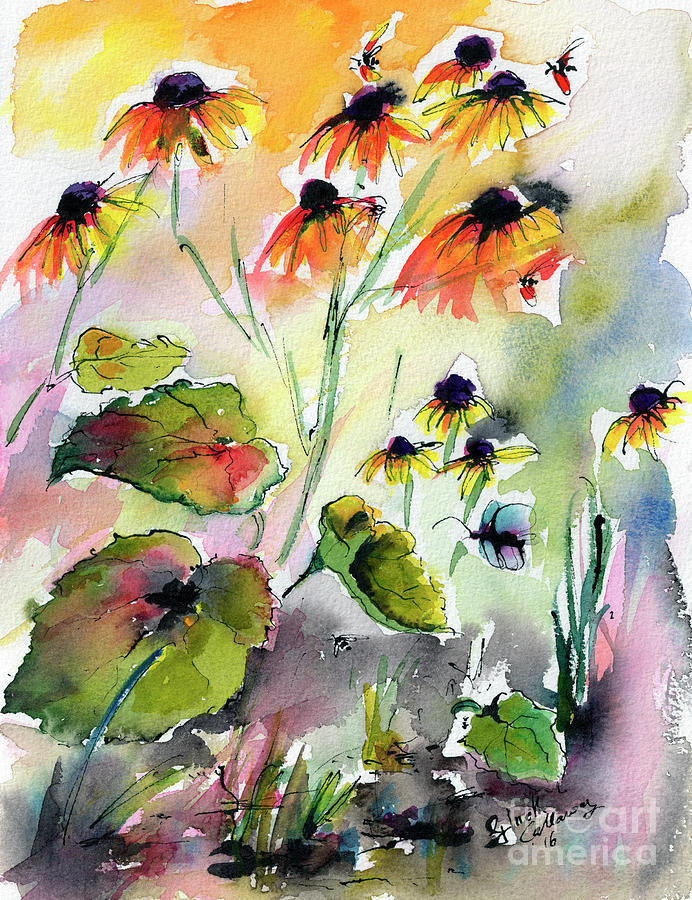 Black Eyed Susan Flowers Botanical Watercolor Painting by Ginette Callaway