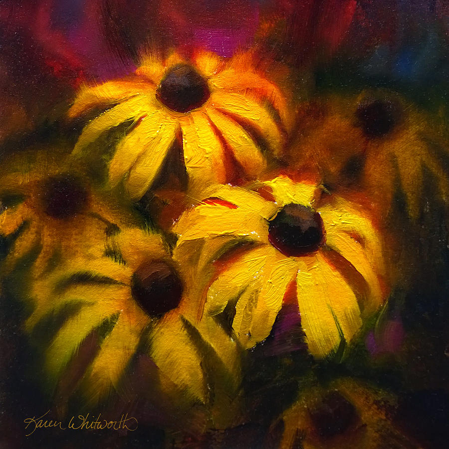 Black Eyed Susans - Vibrant Yellow Daisy Flowers Warm Colors Still Life Garden Decor Painting by K Whitworth