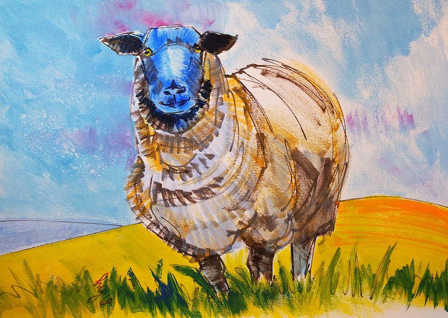 Black face sheep in field painting Drawing by Mike Jory
