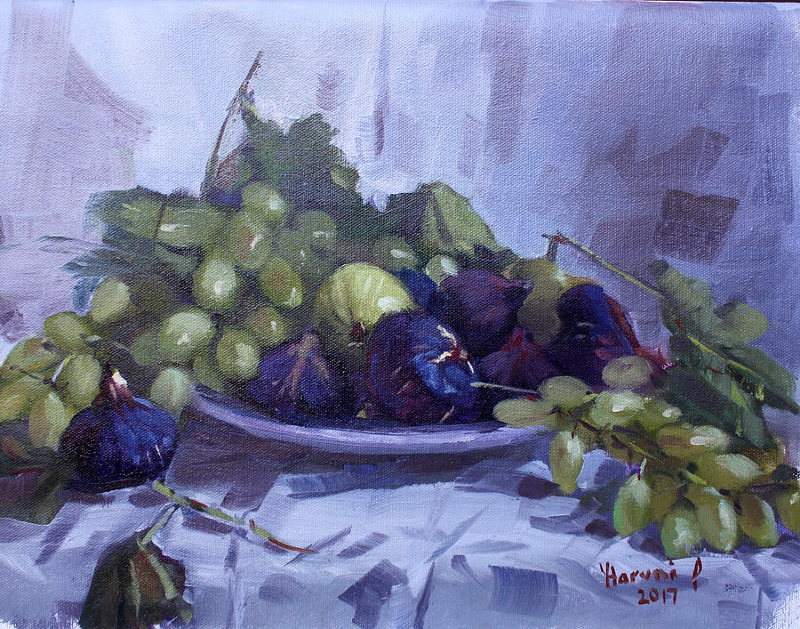 Still Life Painting - Black Figs and Grape by Ylli Haruni
