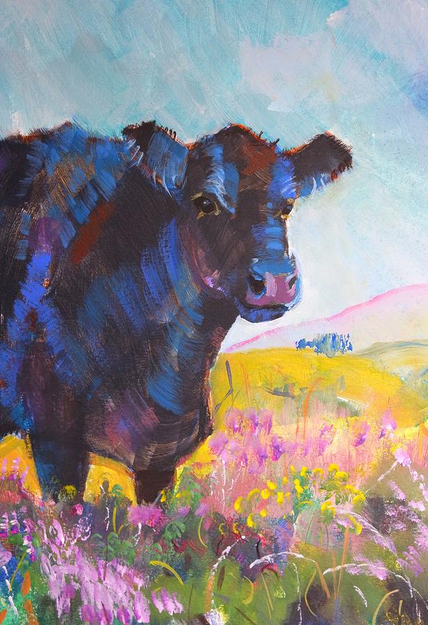 Black fluffy cow in heather Painting by Mike Jory