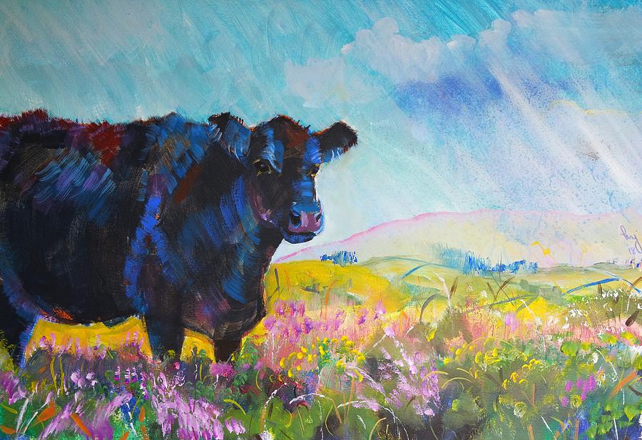 Black fluffy cow on Dartmoor Painting by Mike Jory