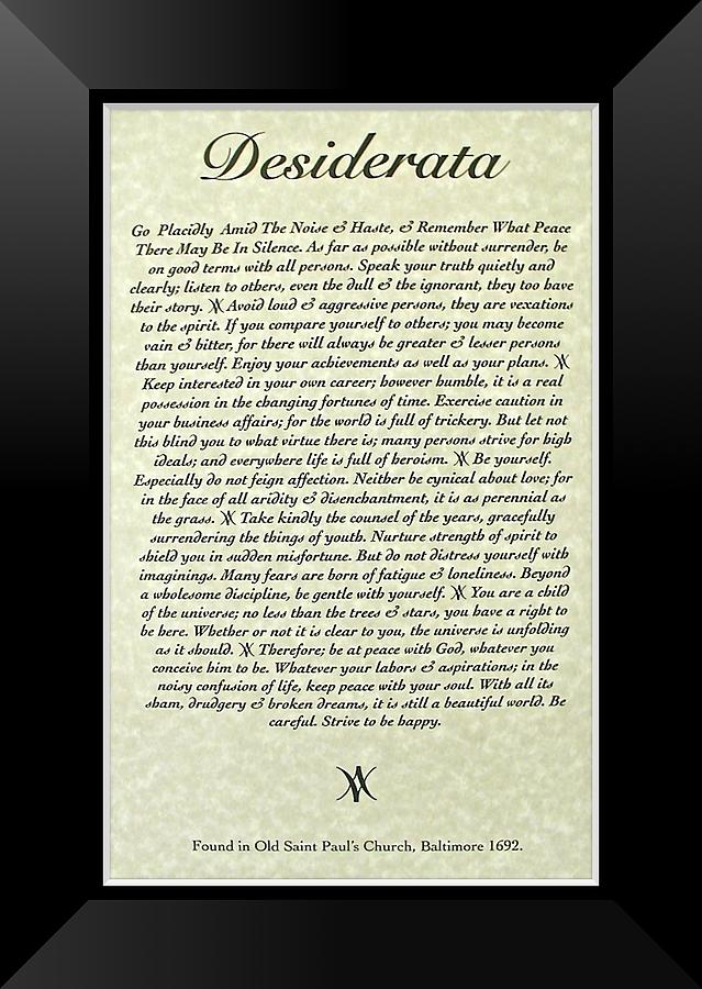 Black Framed Original DESIDERATA Poster Mixed Media by Desiderata Gallery