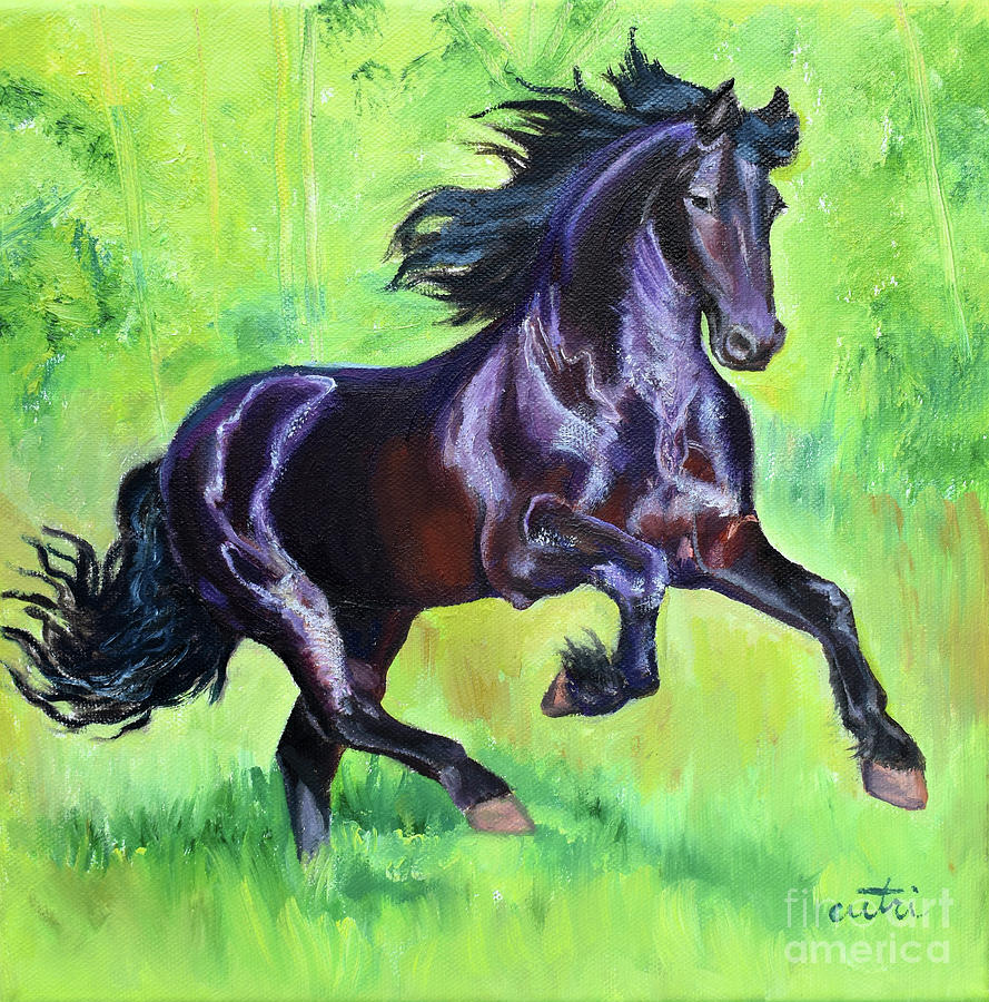 Black Friesian Horse Painting by Anne Cameron Cutri