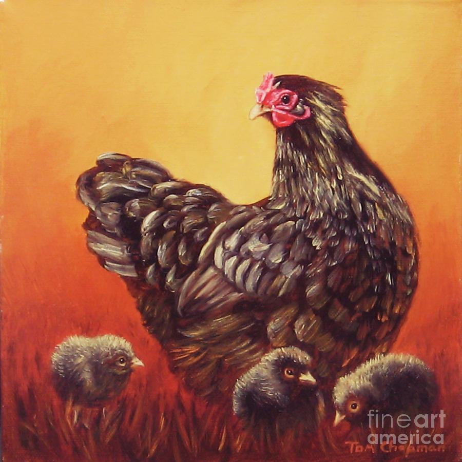 Black Hen and Three Chicks Painting by Tom Chapman