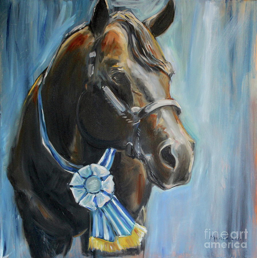 Black Horse Blue Ribbon Painting by Maria Reichert