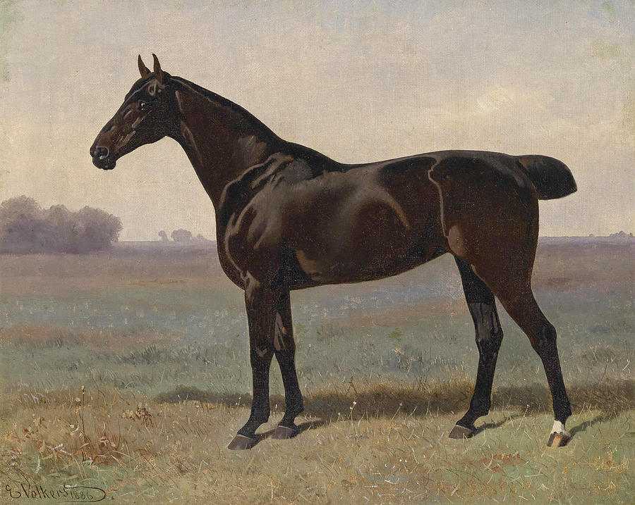 Black Horse in a Landscape Painting by Emil Volkers