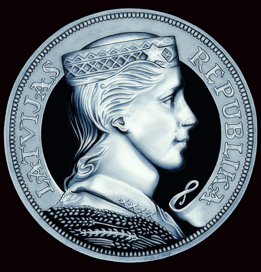 Coin Drawing - Black Ice Latvia Crown by Fred Larucci