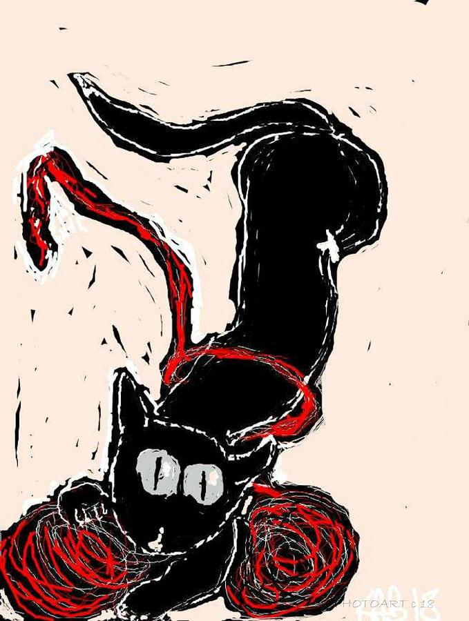 Black Kitten and Red Yarn Drawing by Kathy Barney