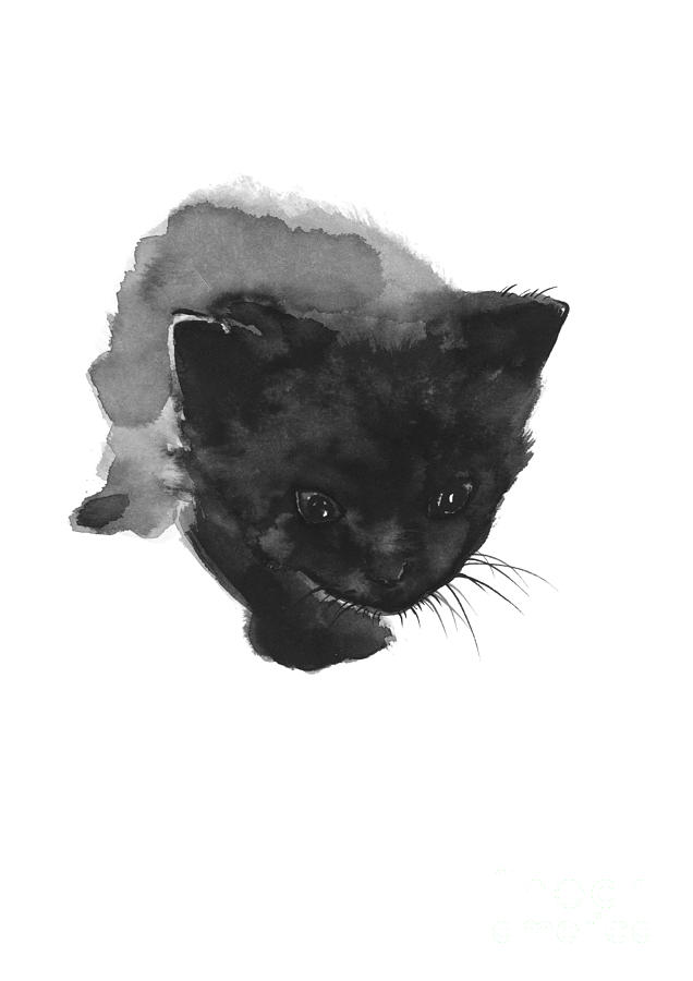 Cat Painting - Black Cat, Kitty Home Decor, Black Kitten Print Watercolor Paintings by Joanna Szmerdt