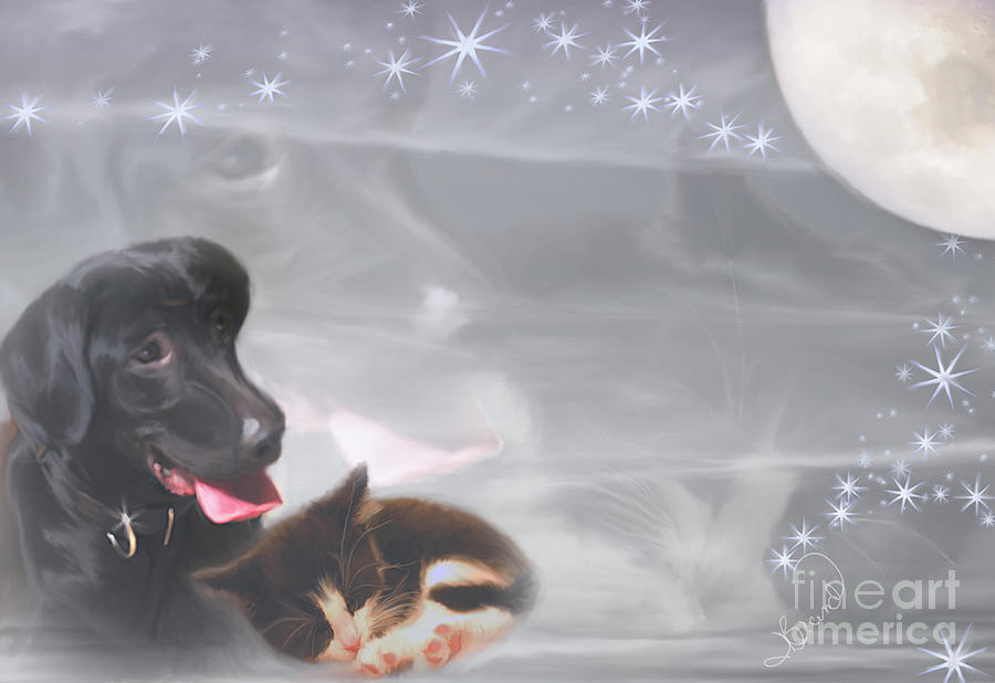 Cat Digital Art - Black Lab and Kitten Collage by Judy Brand