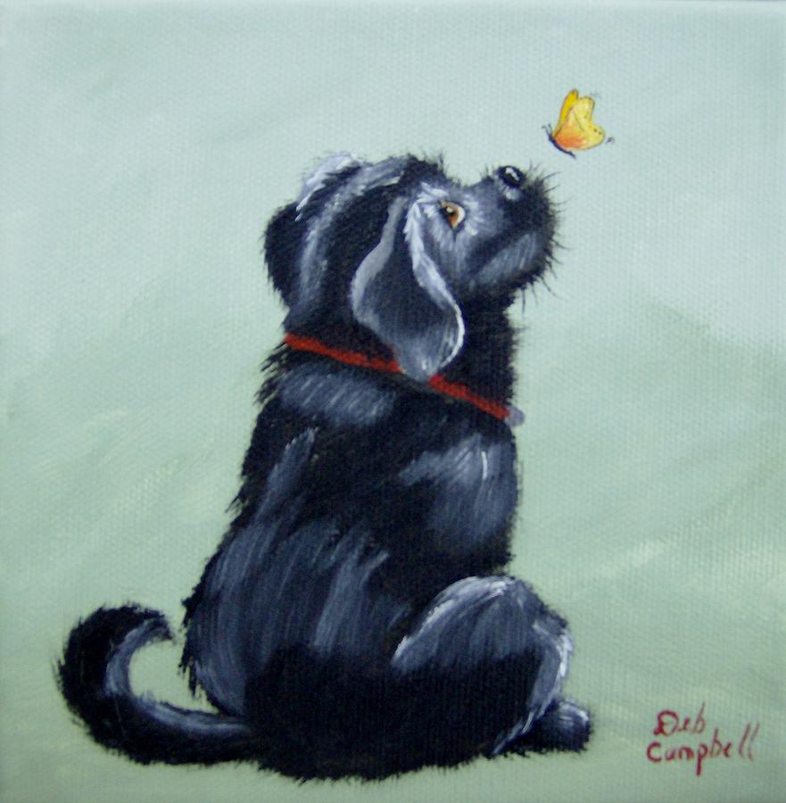 Black Lab Pup with Butterfly Painting by Debra Campbell