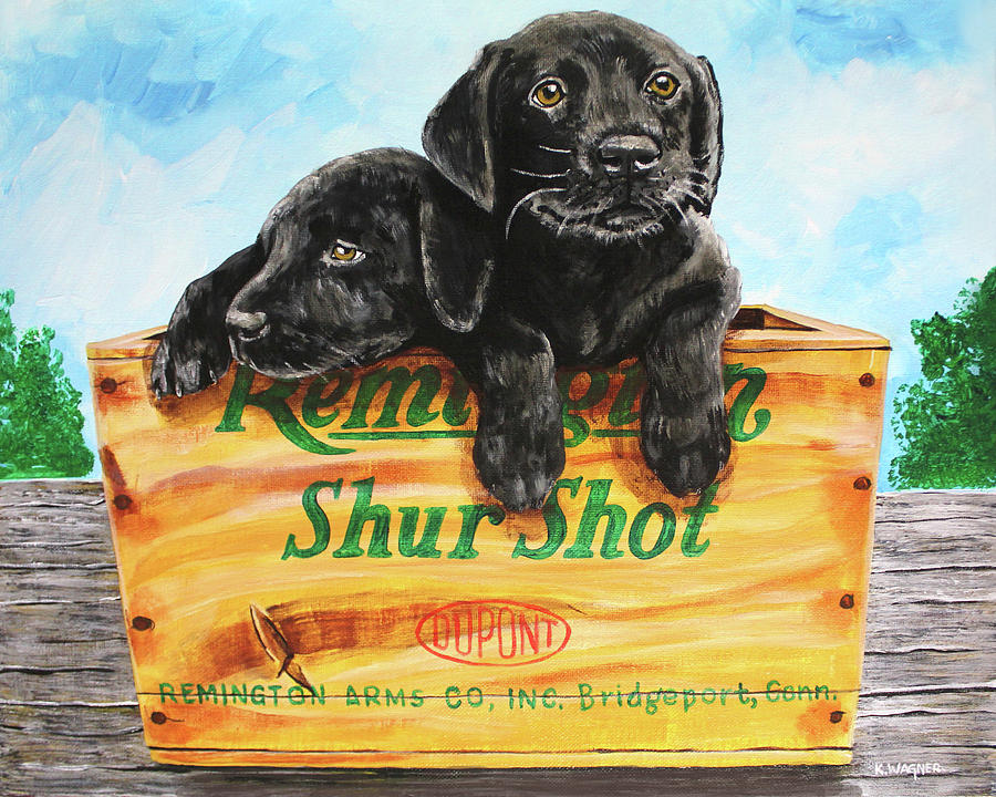 Black Lab Puppies in a Wooden Shell Box Painting by Karl Wagner