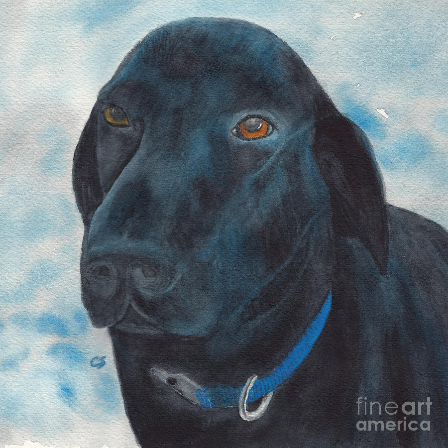 Black Labrador with Copper Eyes Portrait II Painting by Conni Schaftenaar
