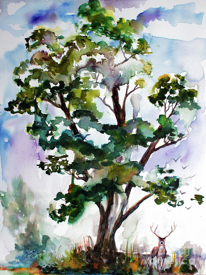 Black Locust Tree and Deer Landscape Portrait Painting by Ginette Callaway