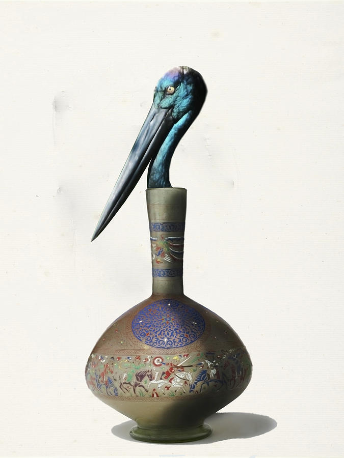 Black necked stork stuffed inside the Gilded Bottle Digital Art by Keshava Shukla