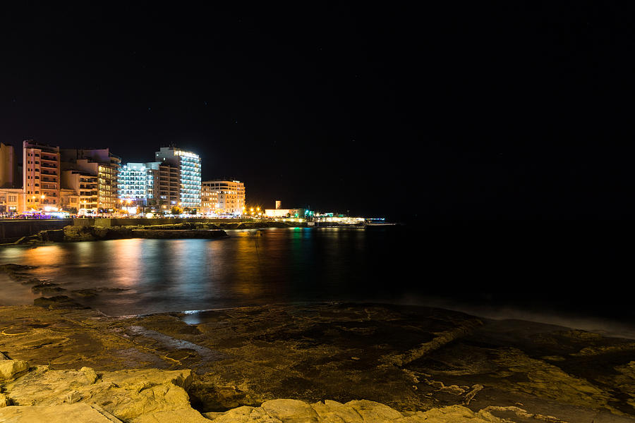 Beach Photograph - Black Night Bright Lights - Sliema Famous Waterfront by Georgia Mizuleva