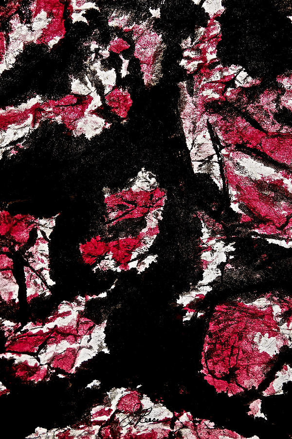 Abstract Painting - Black on Red by Joan Reese