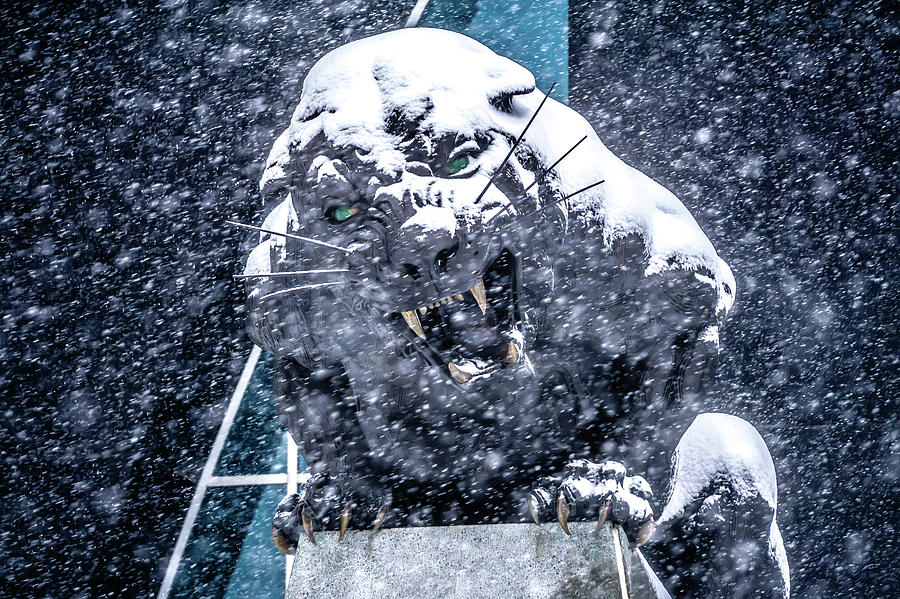Black Panther Statue Seen Through Falling Snow Flakes Photograph by Alex Grichenko