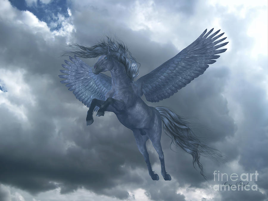 Pegasus Painting - Black Pegasus in Blue Sky by Corey Ford