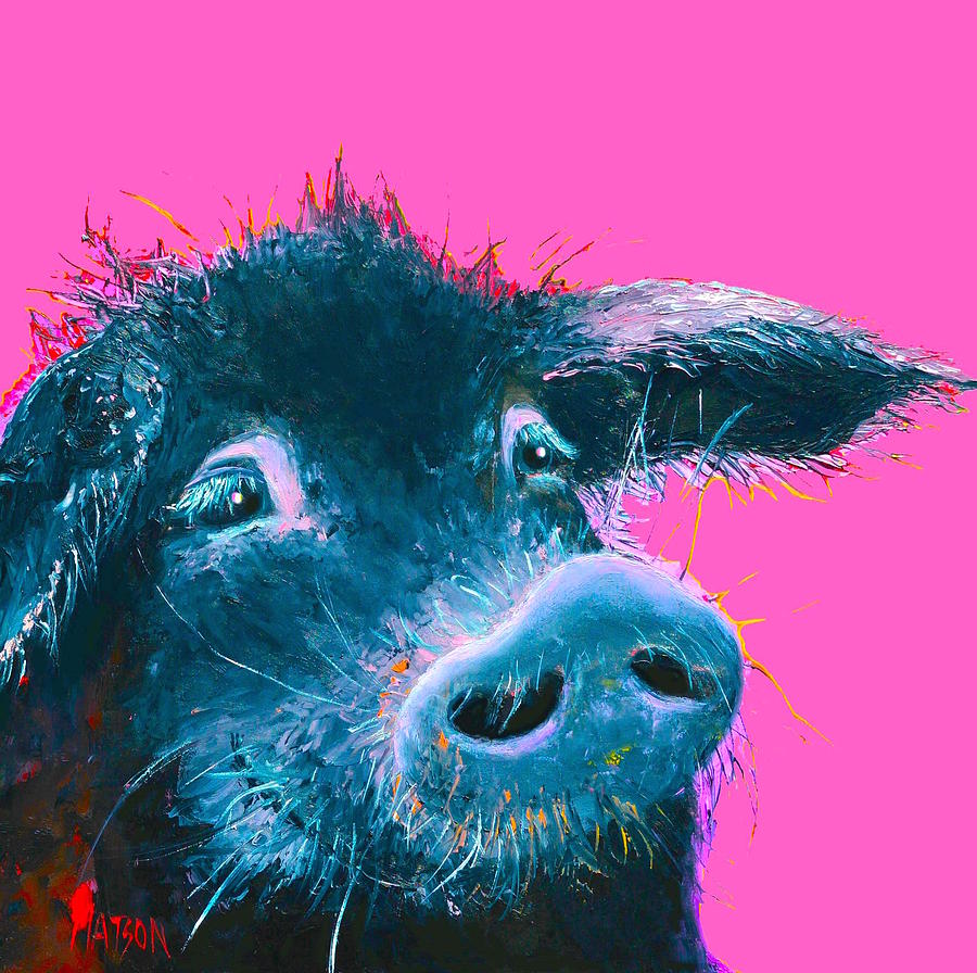 Black Pig painting on pink background Painting by Jan Matson