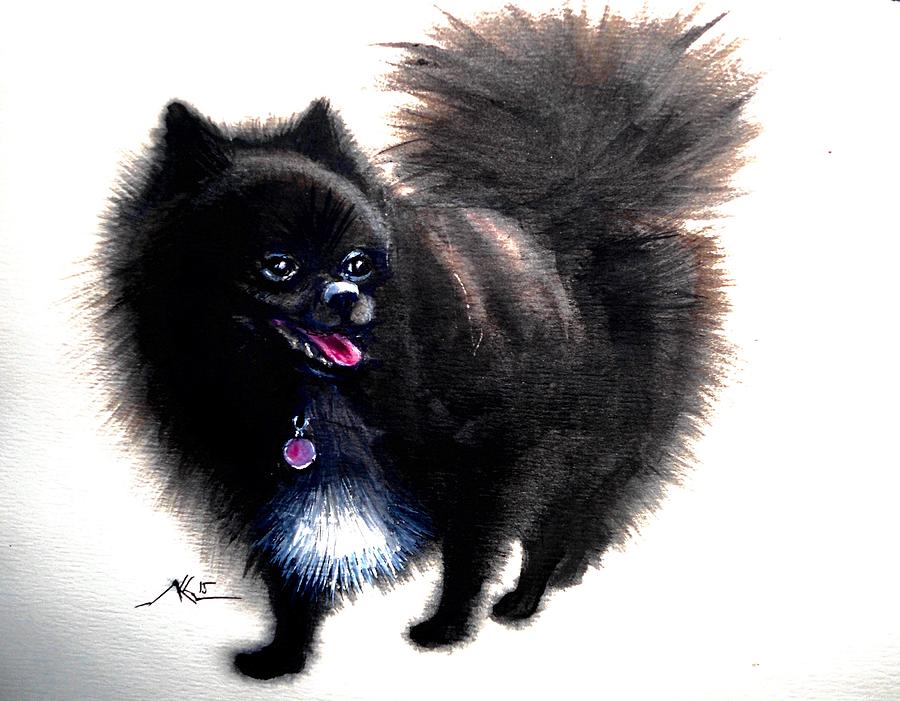 Black pomeranian dog 1 Painting by Katerina Kovatcheva