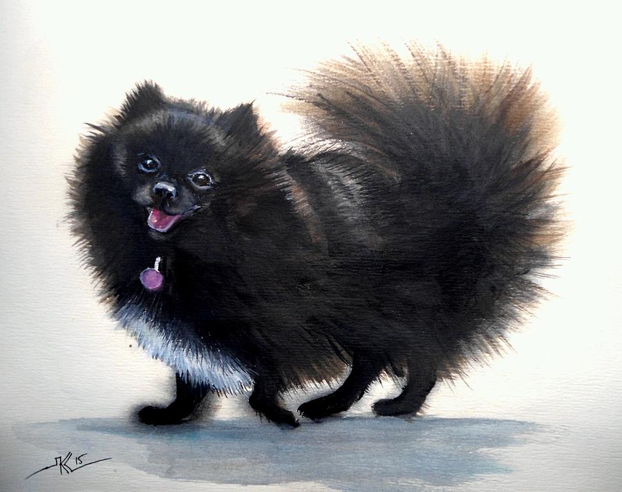 Black pomeranian dog 2 Painting by Katerina Kovatcheva
