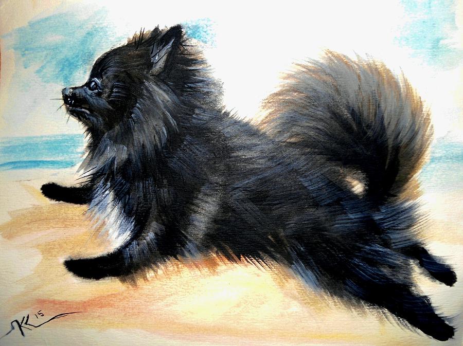 Black pomeranian dog 4 Painting by Katerina Kovatcheva