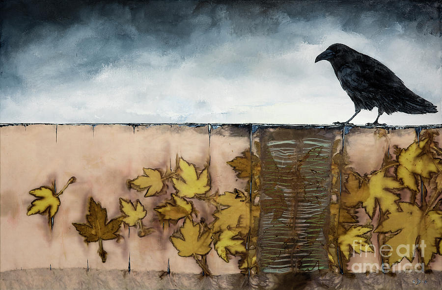 Black RAven Sits Above Scattered Leaves Mixed Media by Carolyn Doe