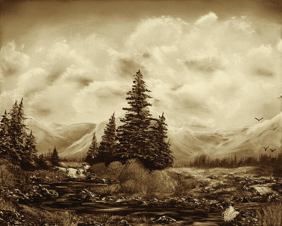 Black Serpentine Creek - Sepia Painting by Claude Beaulac