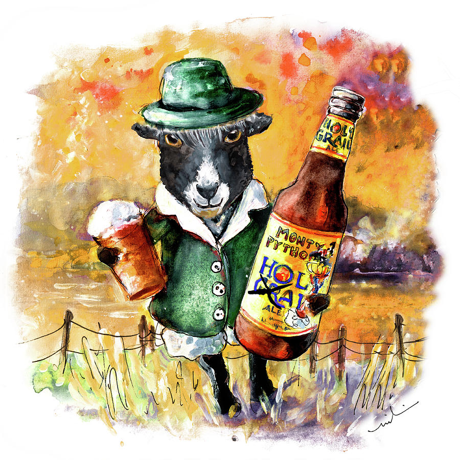 Black Sheep Drinking Holy Grail Beer Painting by Miki De Goodaboom