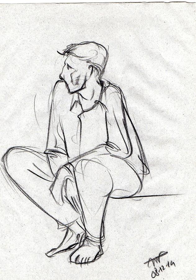Black sketch of a man sitting and waiting Drawing by Makarand Joshi