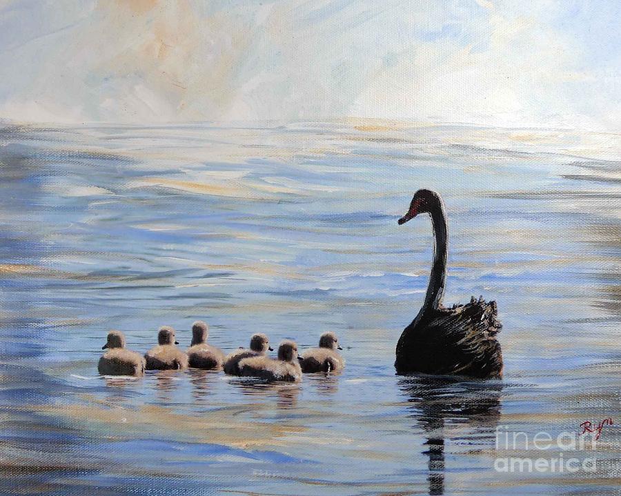 Black Swan and Cygnets Painting by Ryn Shell