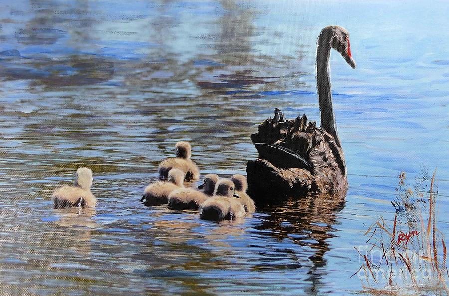 Black Swan and Cygnets No 2 Painting by Ryn Shell