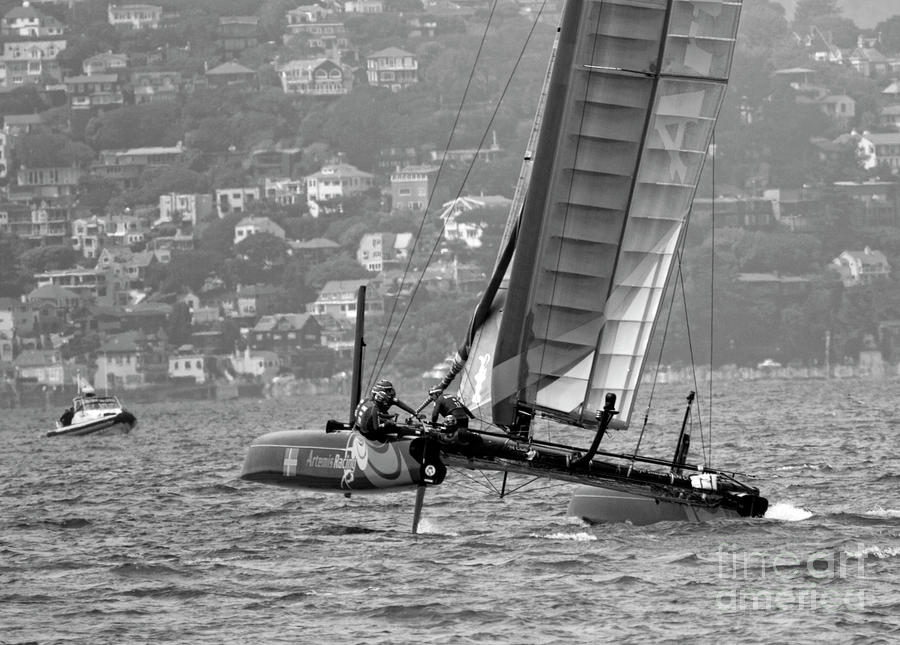Black White Action Americas Cup Photograph by Chuck Kuhn