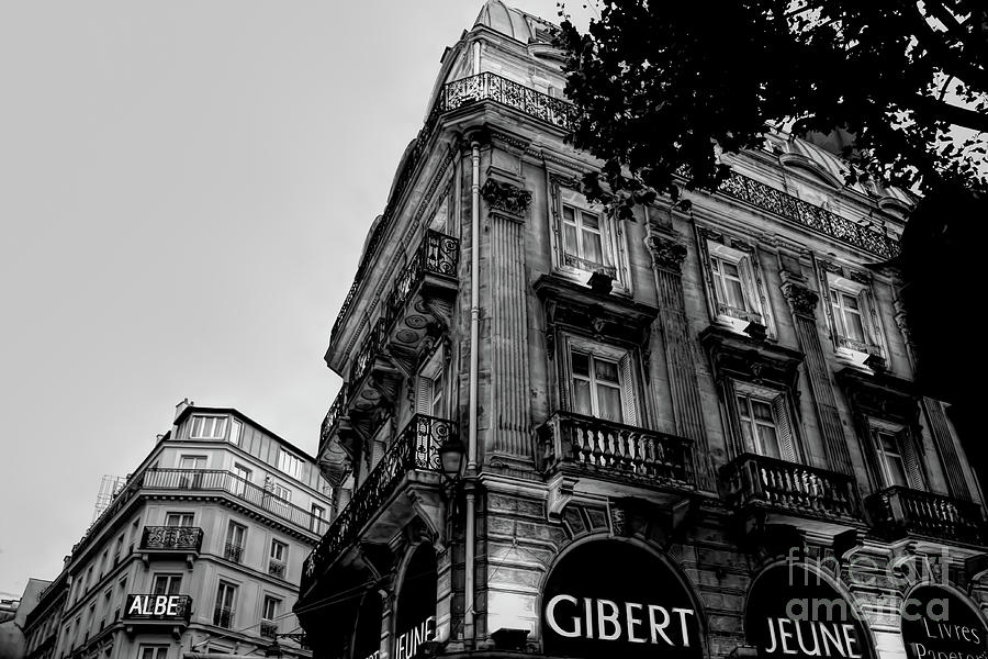 Paris Photograph - Black White Gibert Jeune Architecture Albe Hotel Street by Chuck Kuhn