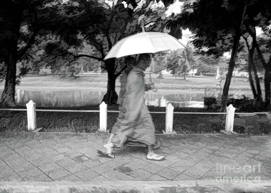 Umbrella Photograph - Black White Monks Walk Digital  by Chuck Kuhn