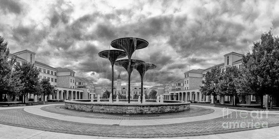 Black White Panorama Of Texas Christian University Campus Commons And Frog Fountain - Fort Worth Photograph