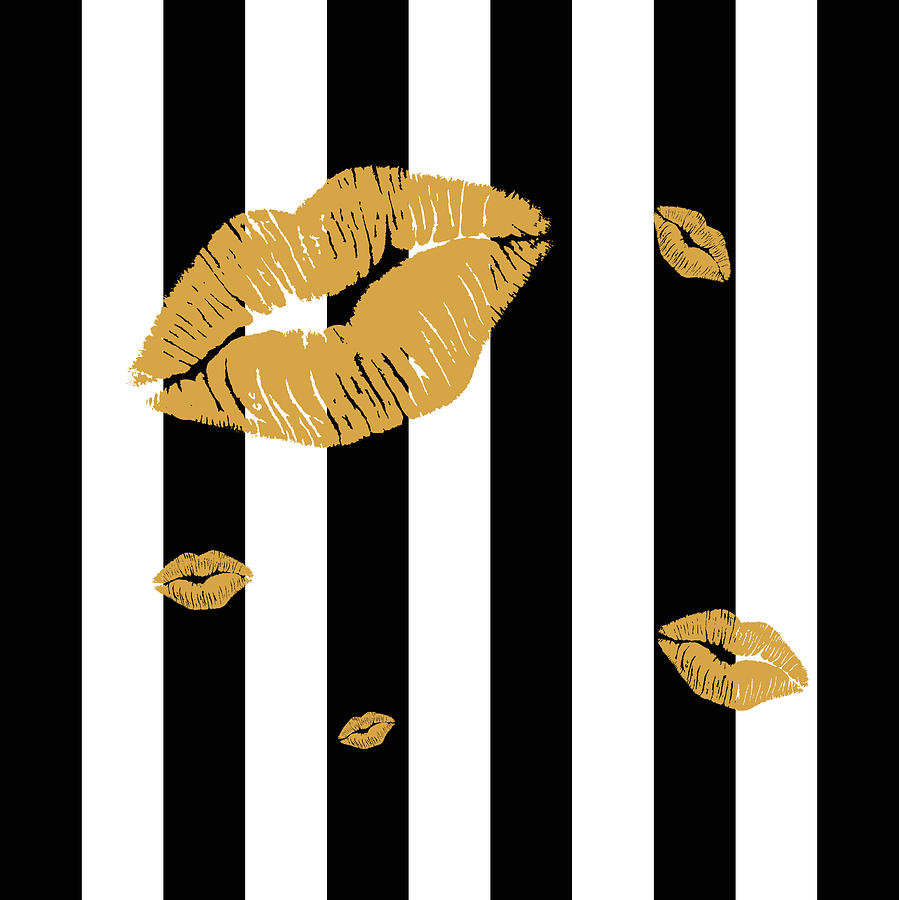 Black White Stripes and Golden Lips Painting by Georgeta Blanaru