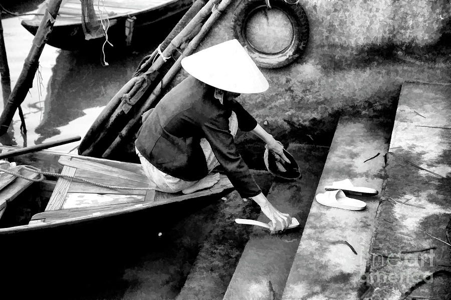 Black White Vietnamese Woman Cleaning Steps Hoi An  Photograph by Chuck Kuhn